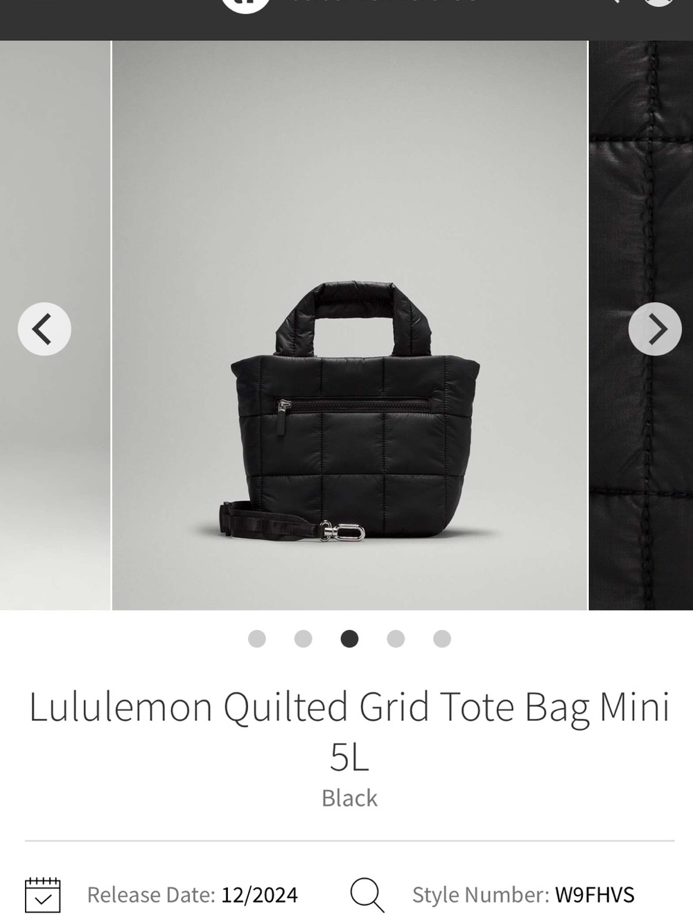 Lululemon black quilted mini tote 5L